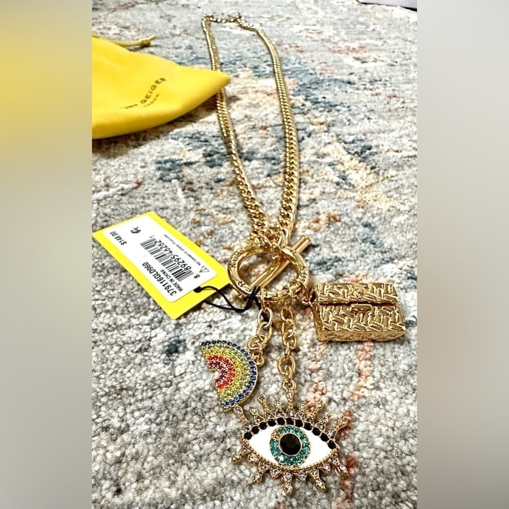 RARE Kurt Geiger Evil Eye Rainbow Charm Toggle Necklace NWT Gold Tone